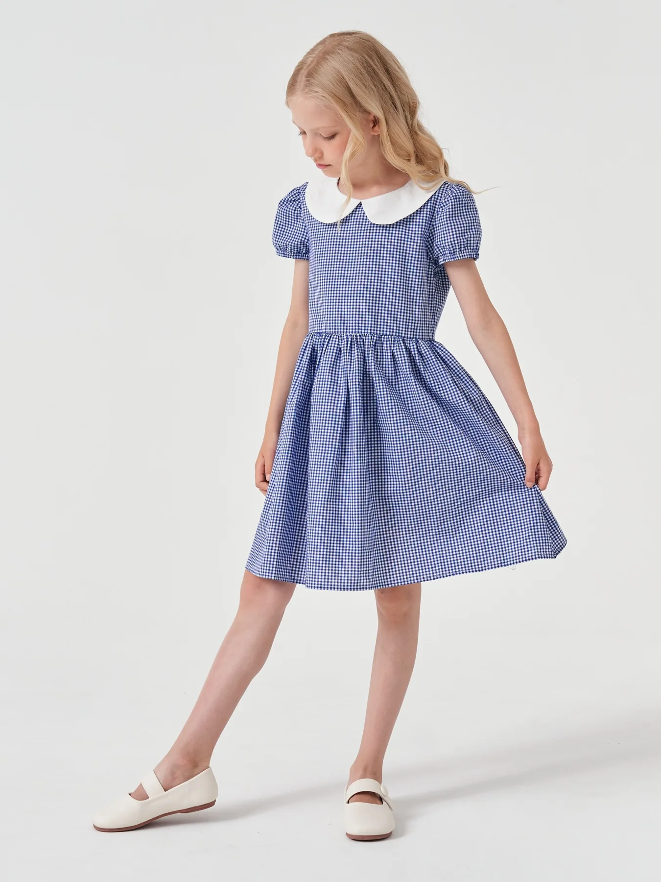 3 To 12 Year , Big Girls Casual Dress School Short Sleeve Lapel Fashionable Princess Dresses Preppy Style Clothes Puff Sleeve