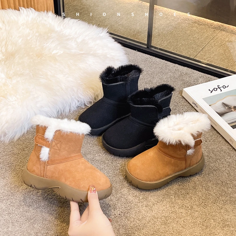 

Детские полусапожки, плюшевые теплые модные детские зимние сапоги, однотонные универсальные зимние ботинки 2025, новые ботильоны для мальчиков и девочек с мягкой подошвой