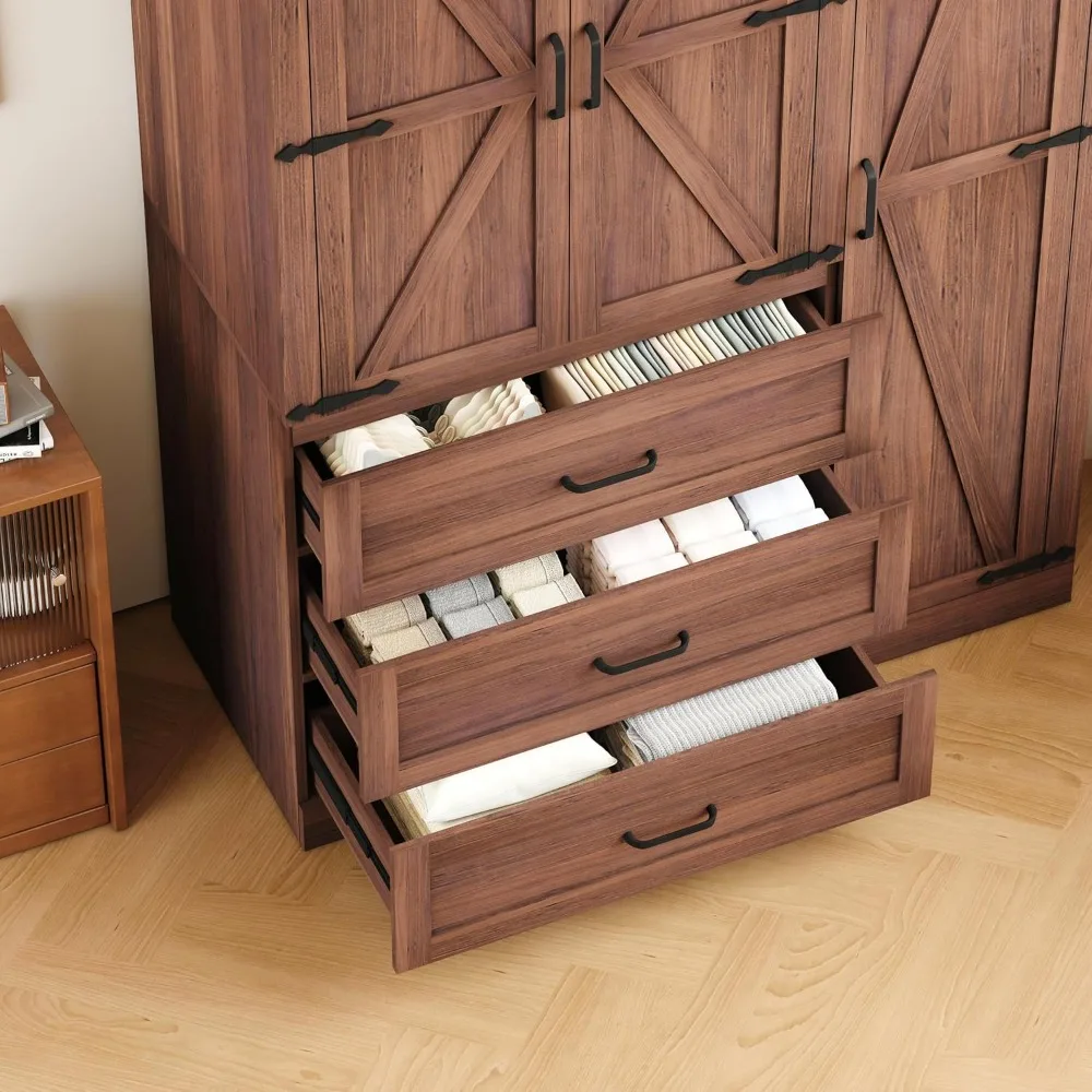 

70" Tall Wardrobe Closet with 3 Doors & 3 Drawers, Farmhouse with Hanging Rod, Wooden Armoire Wardrobe Closet for Bedroo