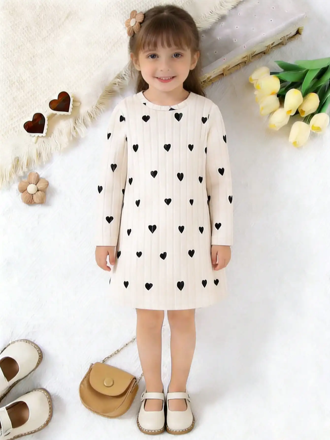 Casual dress with round neck, long sleeves, and heart-shaped printed pit stripe, popular style, suitable for daily travel