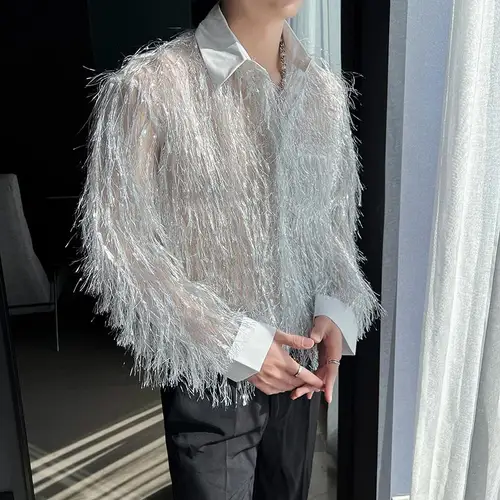 Imagen 2 del producto Ropa de escenario para hombre, camisas holgadas informales de manga larga con borlas, disfraz de bailarina y cantante para club nocturno, camisas para vestido de fiesta, blusas