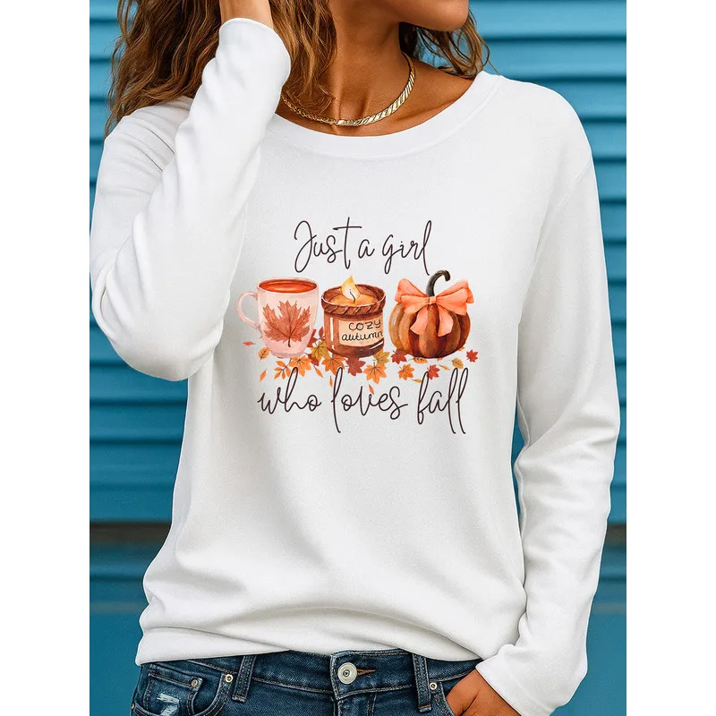 Women's Long Sleeve T-Shirt Just A Girl Who Loves Fall Coffee Candle Pumpkin Graphic Crew Neck Slim Fit Fall Tops