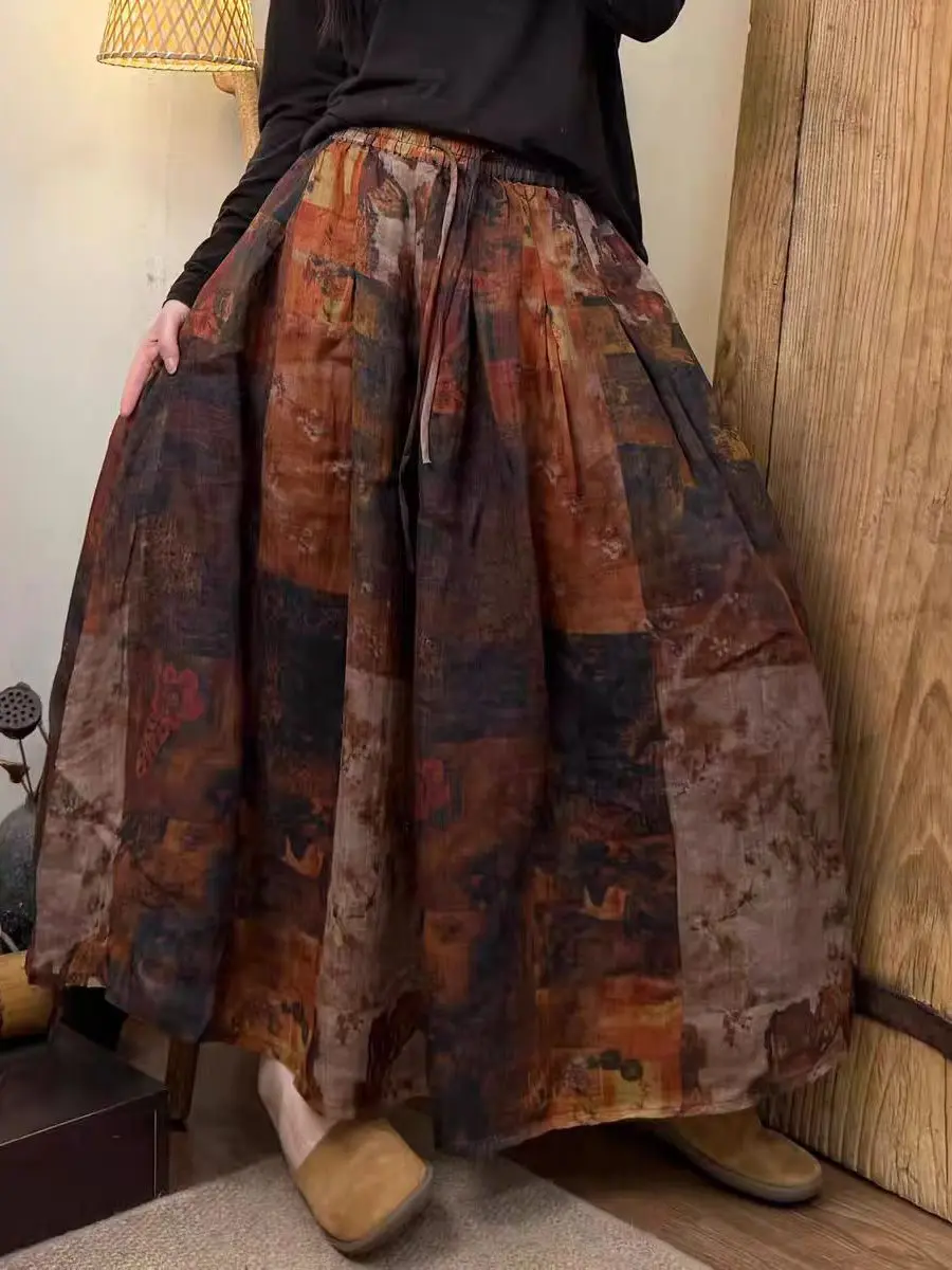 กระโปรงทรงเอผ้าฝ้ายลินินพิมพ์ลายสไตล์เรโทรลำลองสำหรับผู้หญิง รุ่นใหม่ล่าสุดสำหรับฤดูร้อน ทรงหลวมใส่สบาย