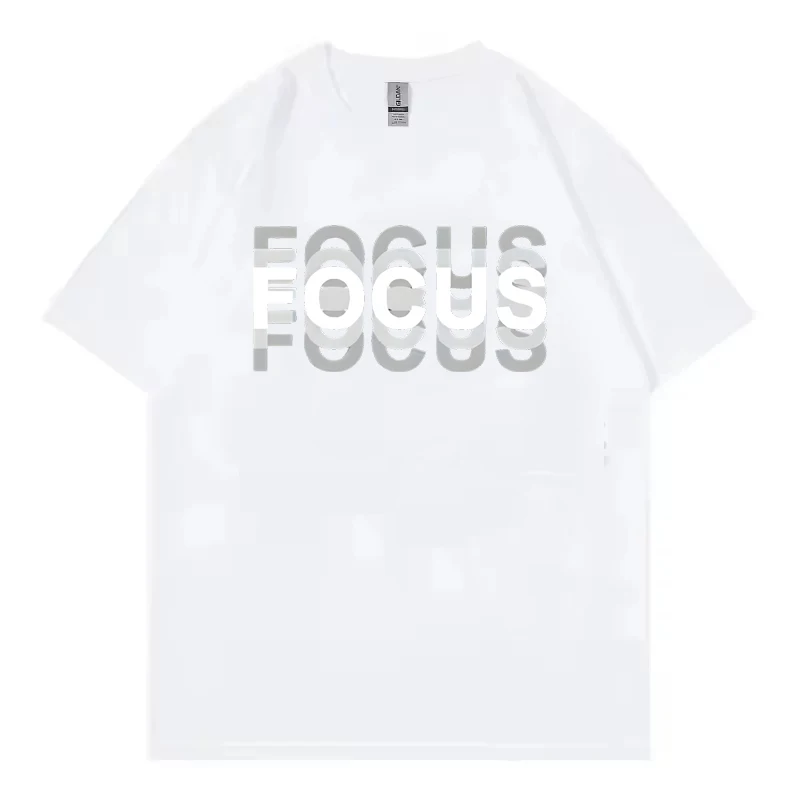 Focus Letter Minimalist Style 100% Cotton T-Shirt, Lightweight Round Neck Short Sleeve Tee, Perfect for Men & Women
