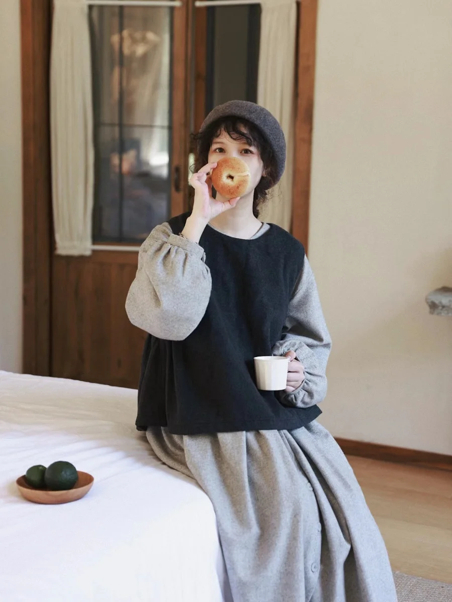 

Шерстяной жилет с высокой талией, свободный студенческий жилет, японская мода для девочек, осенне-зимний милый милый художественный женский жилет в стиле ретро