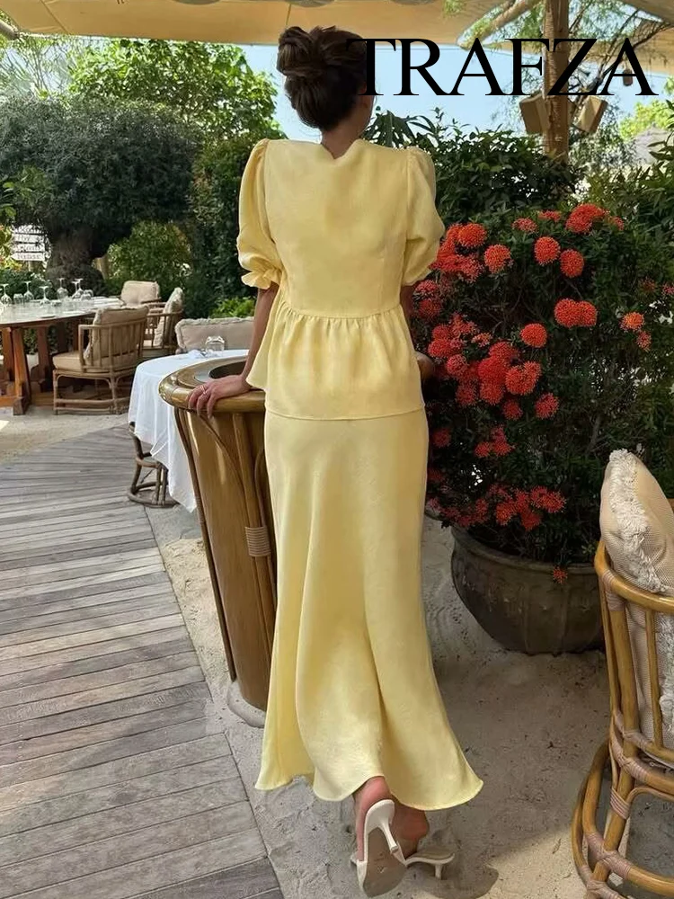 

TRAFZA Women's Summer Fashion French Style Shirt Cotton Line Lace-up Puff Sleeves Top+Sexy Elegant Fishtail Hip Slim Skirt Suit