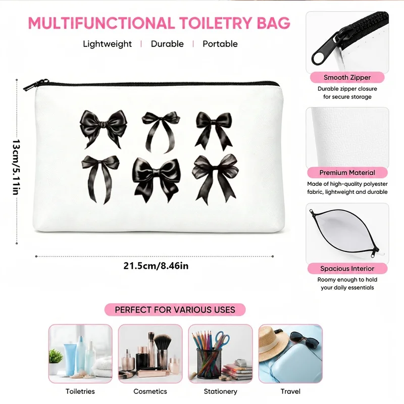 1Women's large-capacity zippered makeup and travel storage bag - Cute and sweet bow-patterned zipper storage bag，Popular styleY2