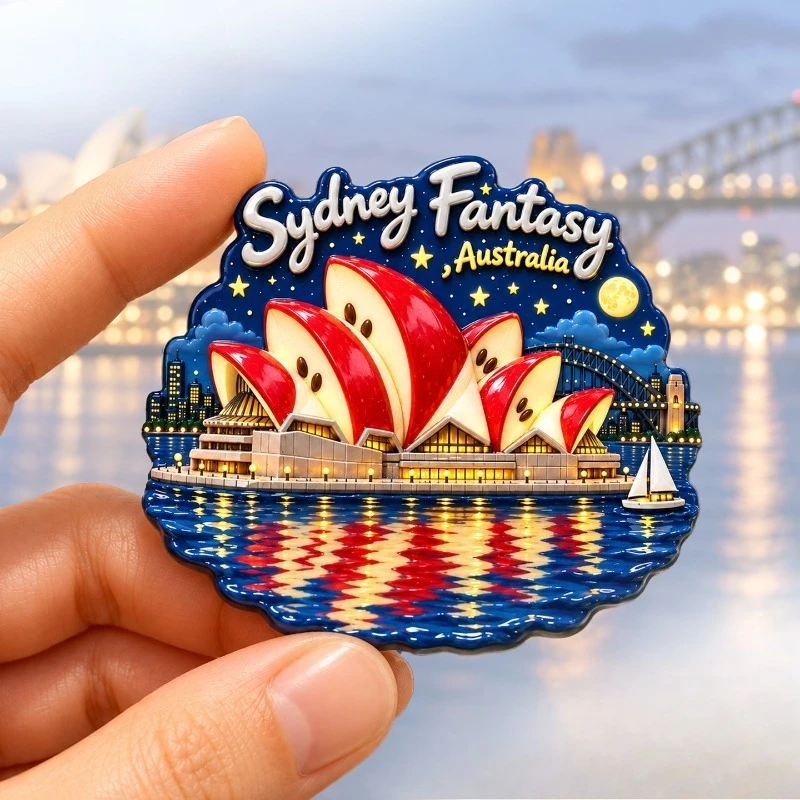 Sydney Apple Opera House Night Fridge Magnet - Vibrant 3D Australian Souvenir Unique City Gift for Travel & Modern Decor
