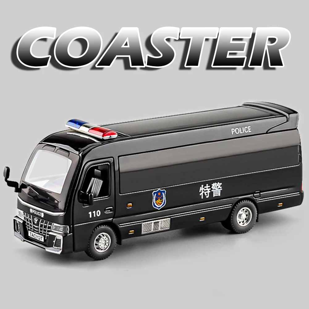 1:32 Coaster Politieauto Legering Diecast Model Speelgoedauto's 3 Deuren Geopend Geluid Licht Trek Zakelijk Voertuig Speelgoedcadeaus voor Kind