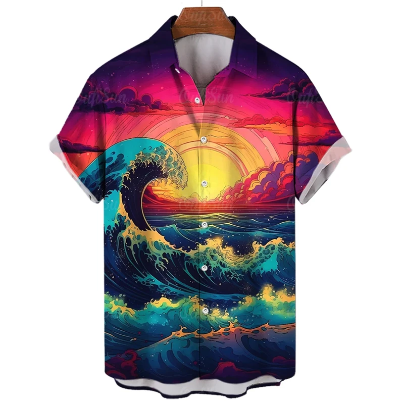 Harajuku Fashion Sunset Waves Graphic Shirts For Men Clothes Colourful Blouses Casual Hawaiian Beach Shirts Streetwear Y2k Tops