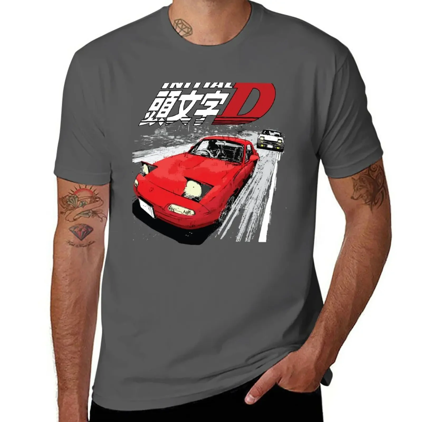 New Initial D - Mountain Drift Racing Tandem Takumi Fujiwara AE86 Vs Toru Suetsugu's Eunos MX5 Miata NA Roadster T-Shirt