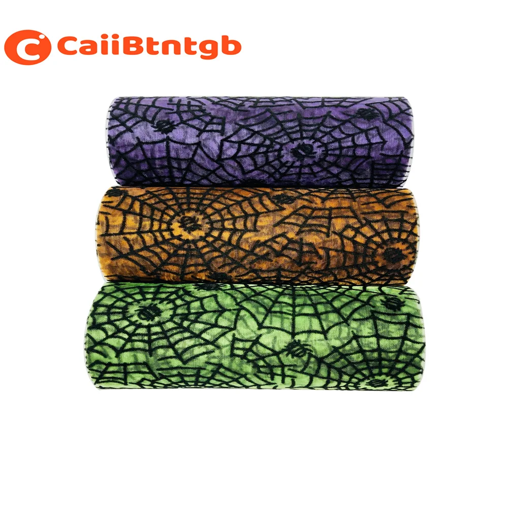 13CM*10Yards Halloween Tüllrolle Spinnennetz Tüllband Kürbis- und Fledermaus-Print Tüllrolle für Kranzherstellung Halloween-Dekoration – Detail 4