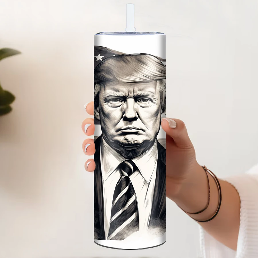 20oz Straight Coffee Cups Straw Lid 3D Print Black & White Trump Fight For USA Flag Seamless Inflated Outdoor Travel Tumblers