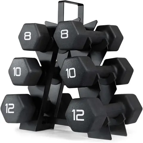 Juego de mancuernas de neopreno negro, antideslizantes y con forma hexagonal, para construcción de fuerza y pérdida de peso; Mancuernas de 60 LB con estante (8/10/12 LB)