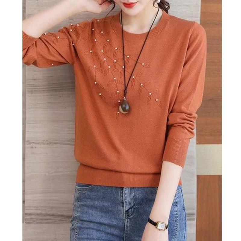 Women Korean Fashion Elegant Chic Beaded Embroidery Knitted Sweater Autumn Female O Neck Long Sleeve Pullover Tops Loose Jumpers