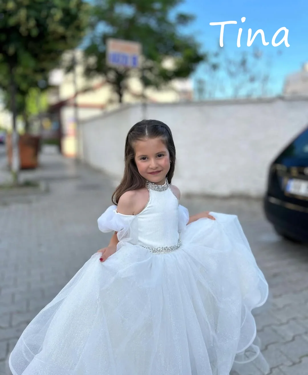 Princess White Flower Girl Dress for Wedding Sleeveless Organza Floor Lenght Infant Baptism Gowns First Communion Gowns Custom