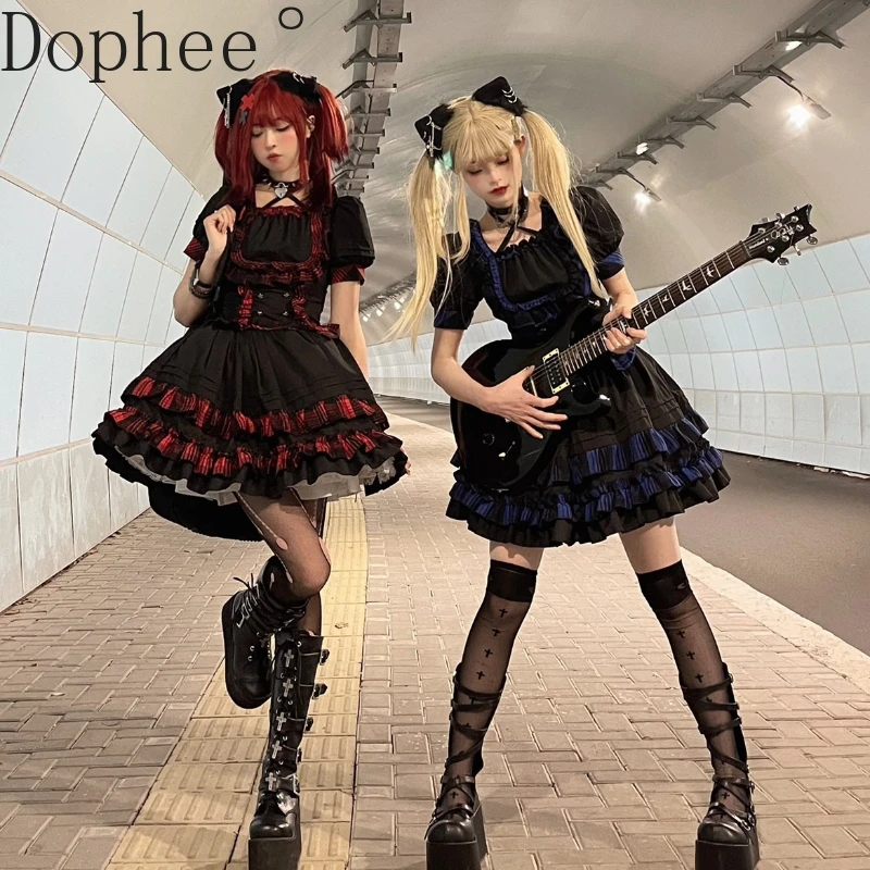 

Dophee Punk Rock Style Song Costume Set Split Two-piece Set Lolita Gothic Puff Short Sleeve Shirt Tops + Plaid Short Mini Skirt