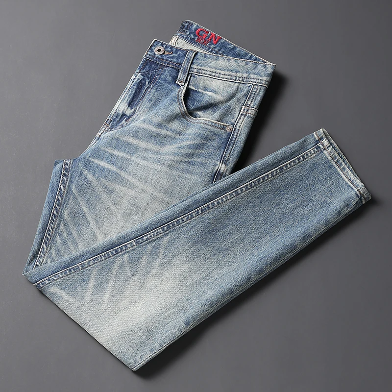 Newly Vintage Fashion Men Jeans High Quality Retro Blue Elastic Slim Ripped Jeans Men Plain Washed Designer Denim Pants Hombre