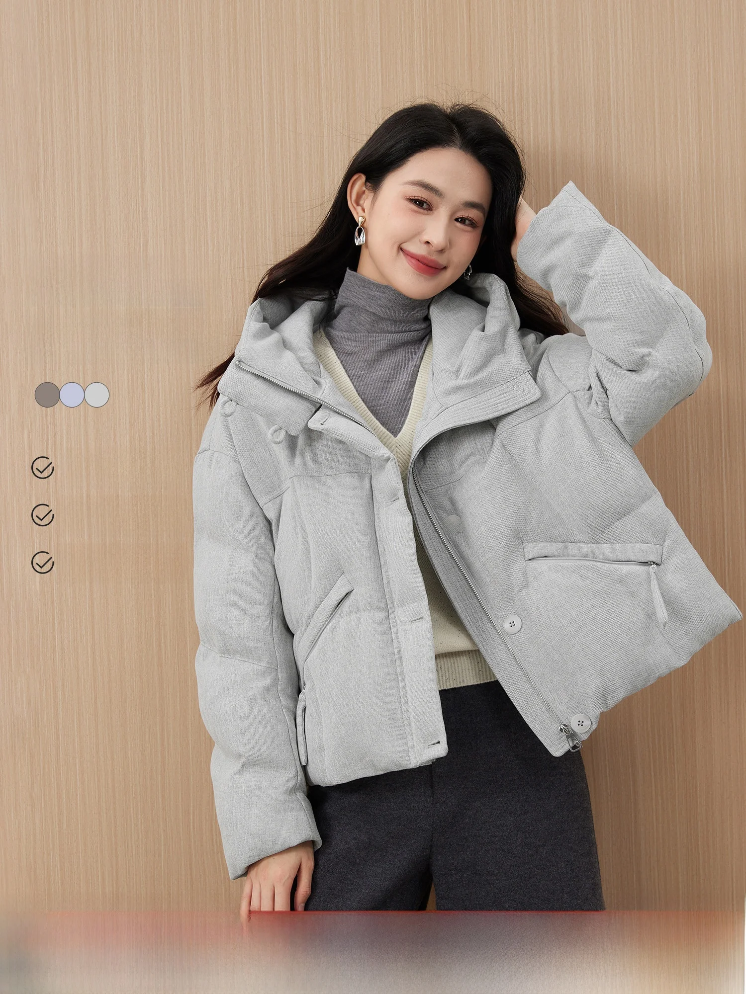 

Warm Puffy down Jaet Women's ort Sle Du Feather Texture Hat Inteated Faionable Lightweight Winter Coat