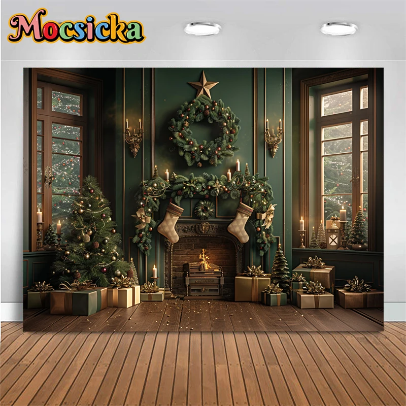 Christmas Room Decoration Photography Background Fireplace Sock Tree Baby Shower Backdrop For Children Shooting Photozone Studio