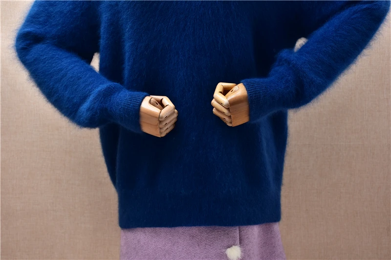 Mujer Otoño Invierno moda coreana peluda Angora conejo pelo tejido cuello redondo mangas con hombros descubiertos rebordear suéter suelto