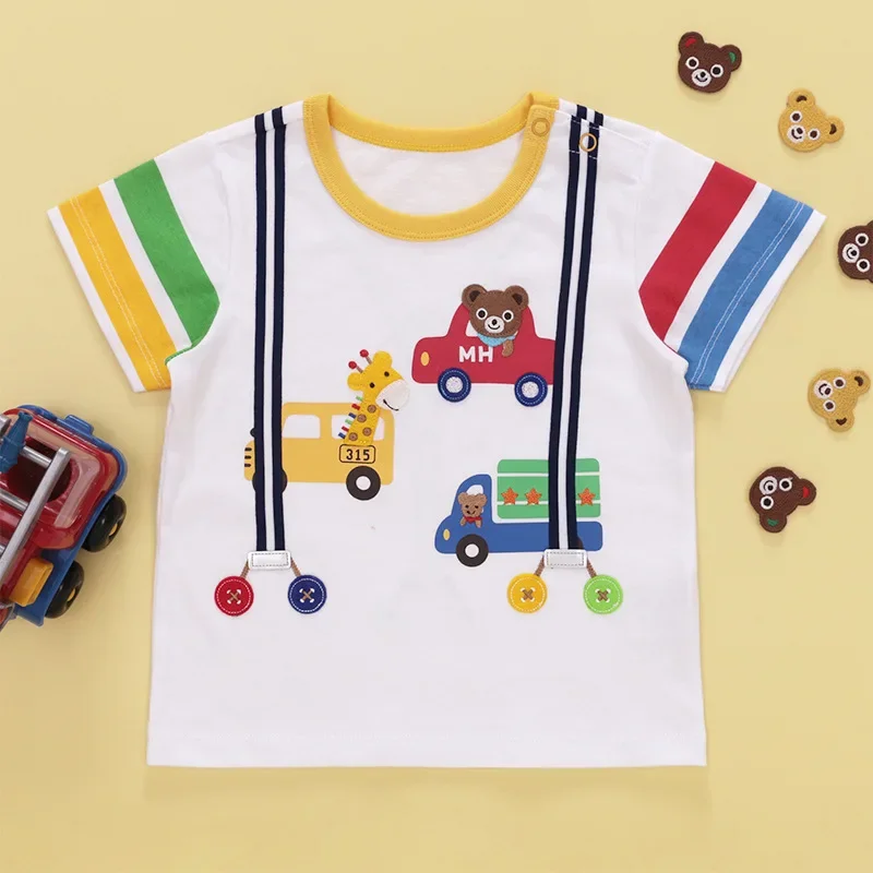 Miki Boy Clothes Summer New Kids Cartoon Car Fake Strap Color Block Short Sleeve T-shirt Top