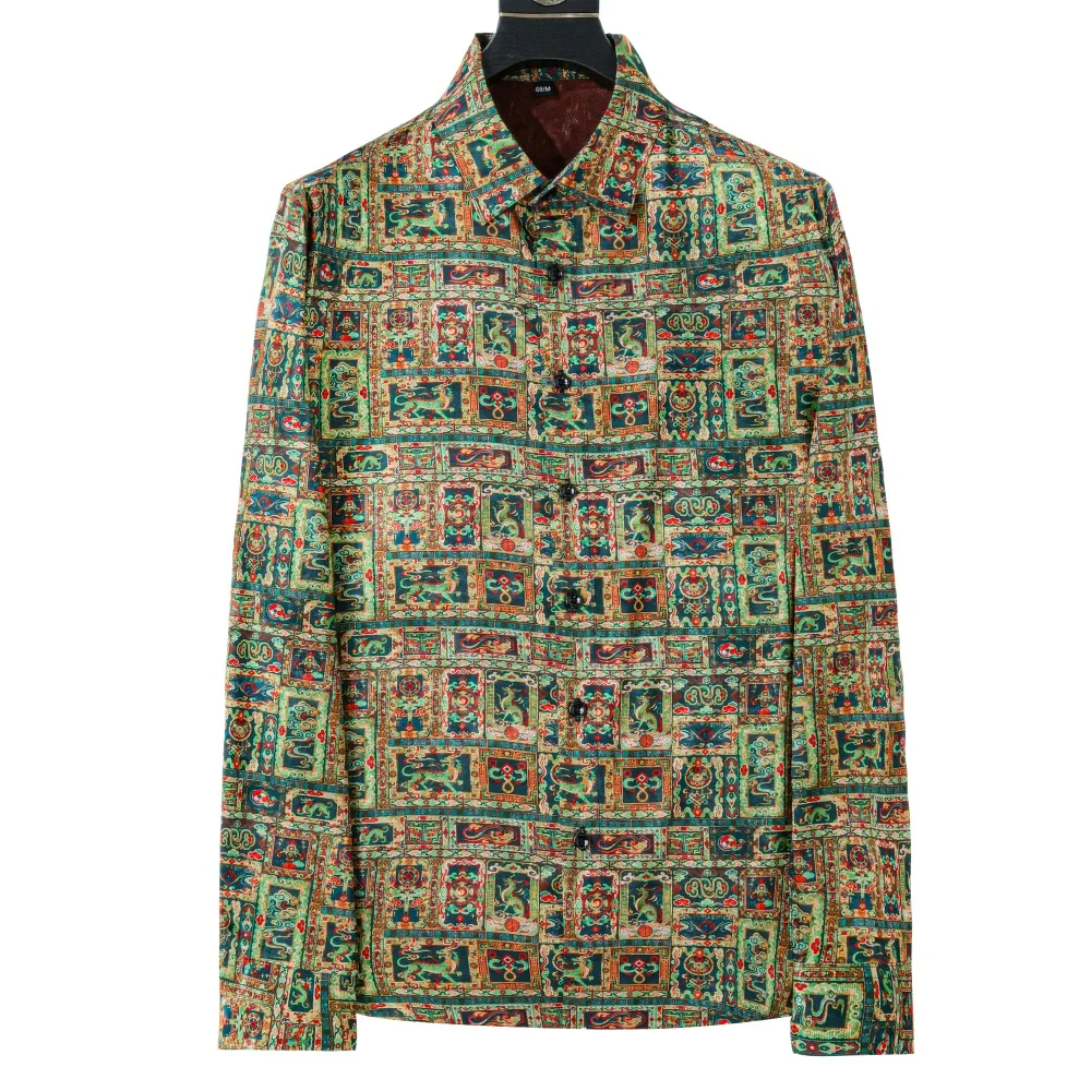 High Quality Retro Printed Long Sleeved Shirt for Men Ice Silk Cool Breathable Casual Shirts Anti Wrinkle Social Business Shirt