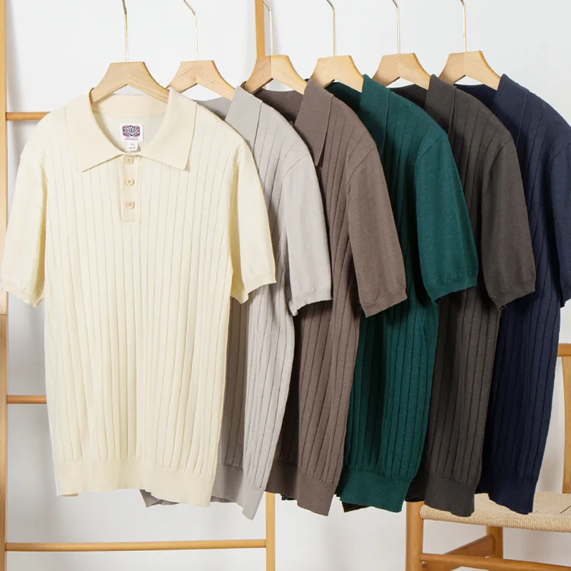 Mulberry Silk Men's Polo Short-sleeved American Retro Lapel Knitted Pit Strip T-shirt Collar