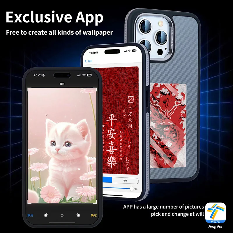 NFC 기능 E 잉크 스크린 폰 케이스, 탄소 섬유, AG 쉘, DIY NFC 변속기 이미지, 아이폰 13, 14, 15 프로 맥스용, 4 색 잉크