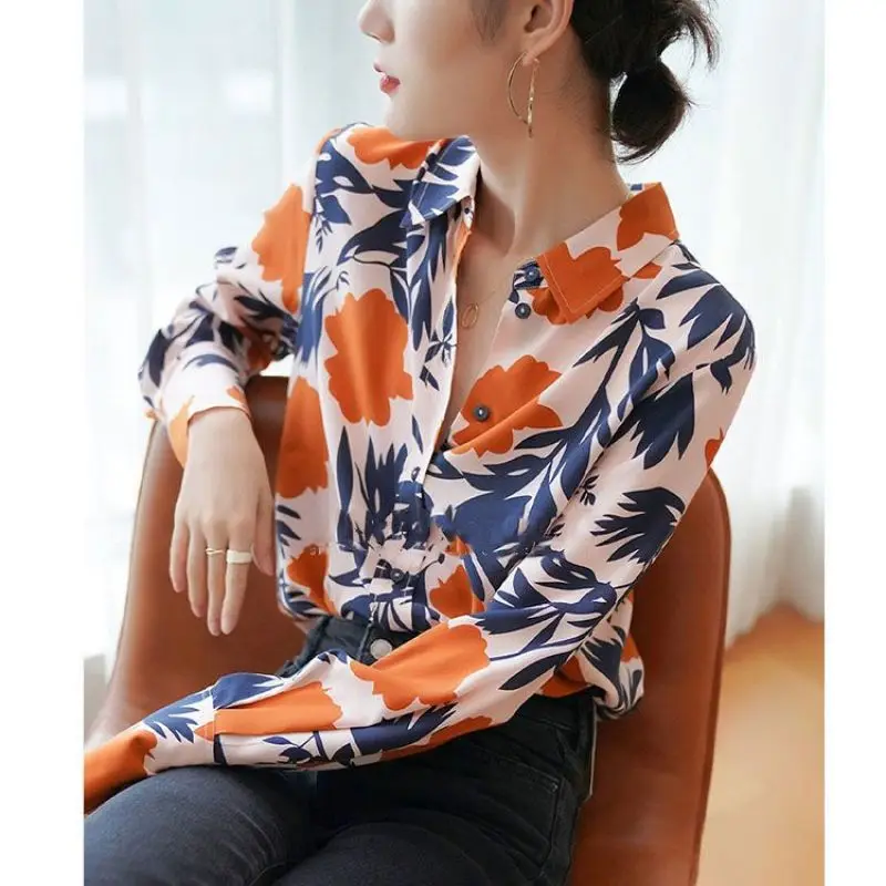 Women Spring Fashion Trend Loose Printing Chiffon Polo-Neck Long Sleeve Shirts Women Clothes Casual All-match Temperament Tops