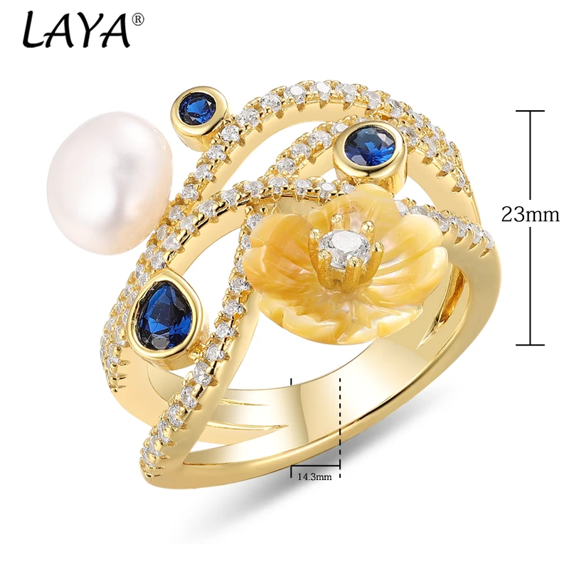 LAYA 925 Sterling Silver White Freshwater Bread Beads Fashion Natural Shell Flower New Ring Sapphire Zircon For Wedding Jewelry