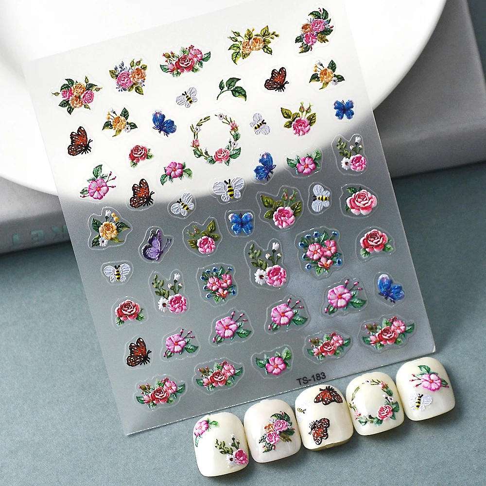 Pegatinas de flores y mariposas para uñas de mujer, decoración de uñas, calcomanías deslizantes para puntas de manicura, 5D