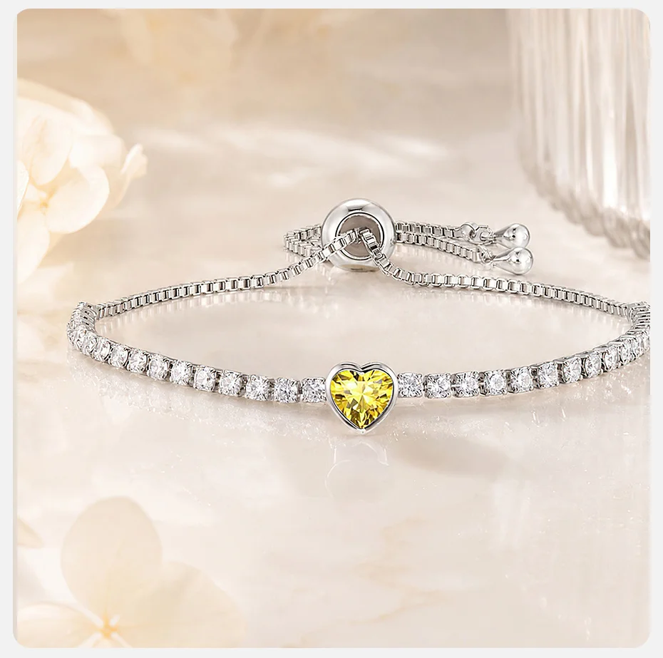 Vnox Exquisites Romantisches Herz-Geburtsstein-Tennisarmband für Frauen, Verstellbares AAA-Zirkonia-Armband, Persönliches Geburtstagsgeschenk – Detail 5