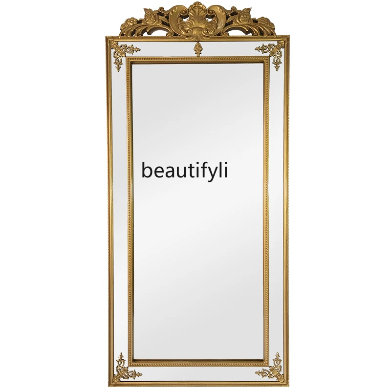 

Try-on Antique Gold Floor Bedroom Wall Hanging Carved Dressing Floor Cloakroom Full Body Mirror