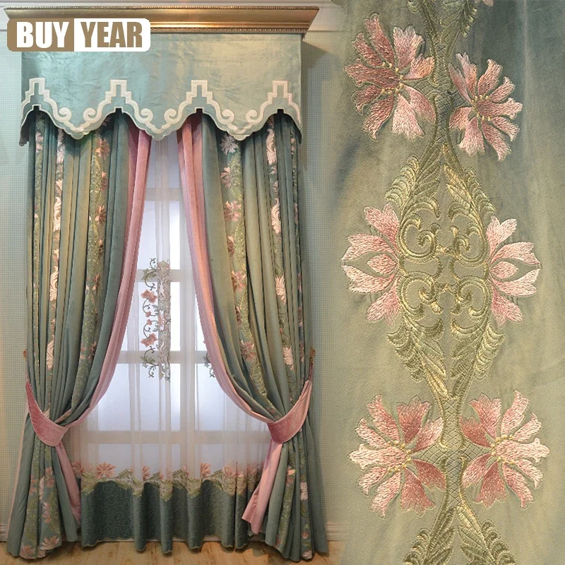 Chinese Style Curtains For Living Dining Room Bedroom American Pastoral Velvet Luxury Window Valance Embroidered Tulle Custom