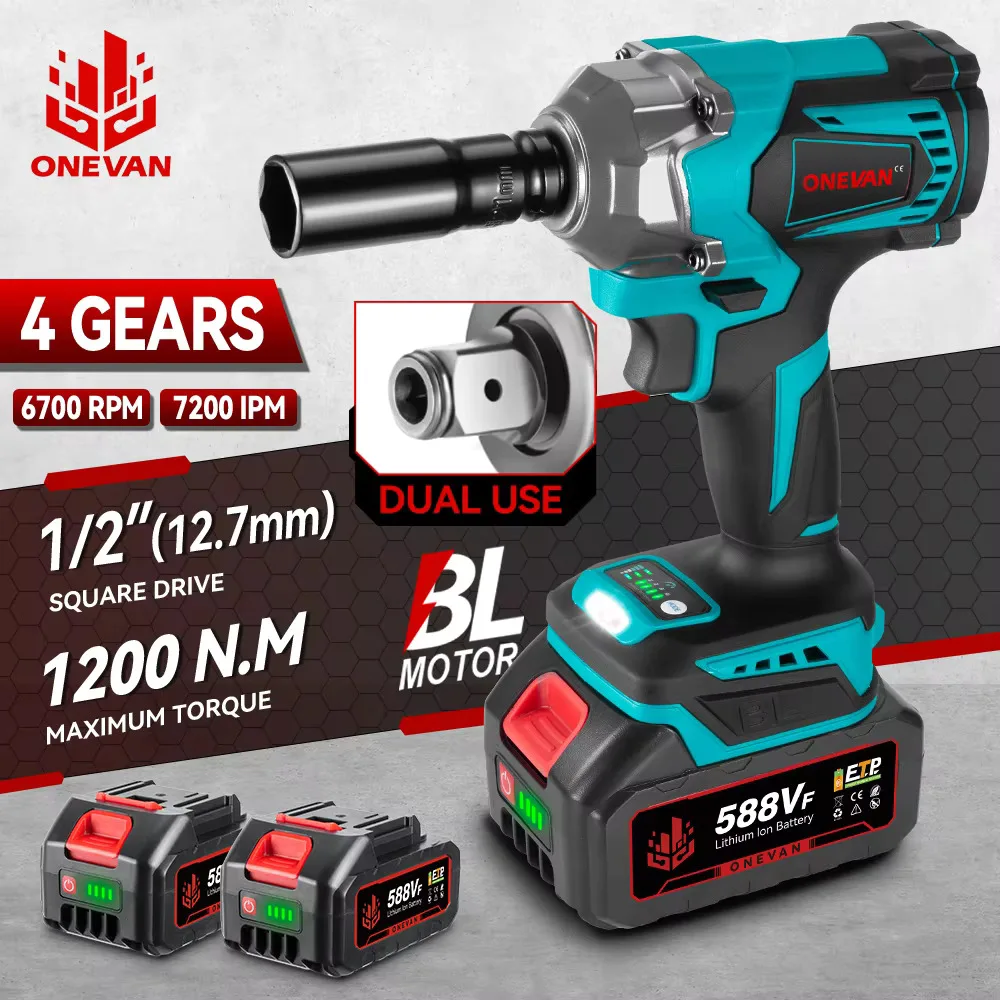 ONEVAN 1200N.M Torque Brushless Electric Impact Wrench 1/2 Inch Screwdriver Socket Power Tools For Makita 18V Battery Pin
