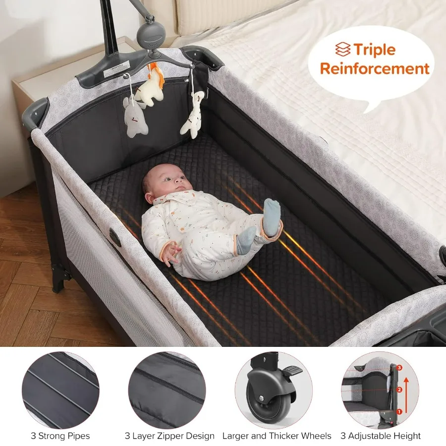 Culla da comodino per bambini da 50 pollici con fasciatoio, confezione e gioco con materasso e copertura oscurante per bambini, box 4 in 1 Trav