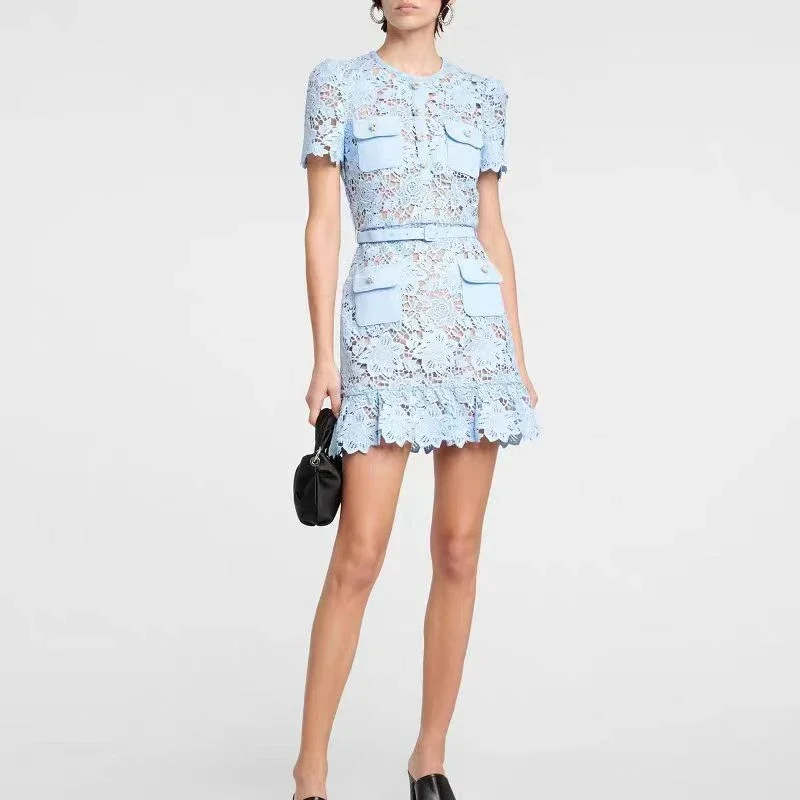 

New Women Early Spring Baby Blue Water-soluble Lace High-waisted Slim-fitting Short-sleeved Round Neck Dress