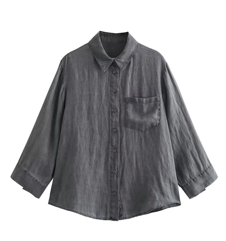 

Faionable Linen irt with ket Versatile Women's Clothing Autumn New Sle 25-35 Years Old Cotton Material