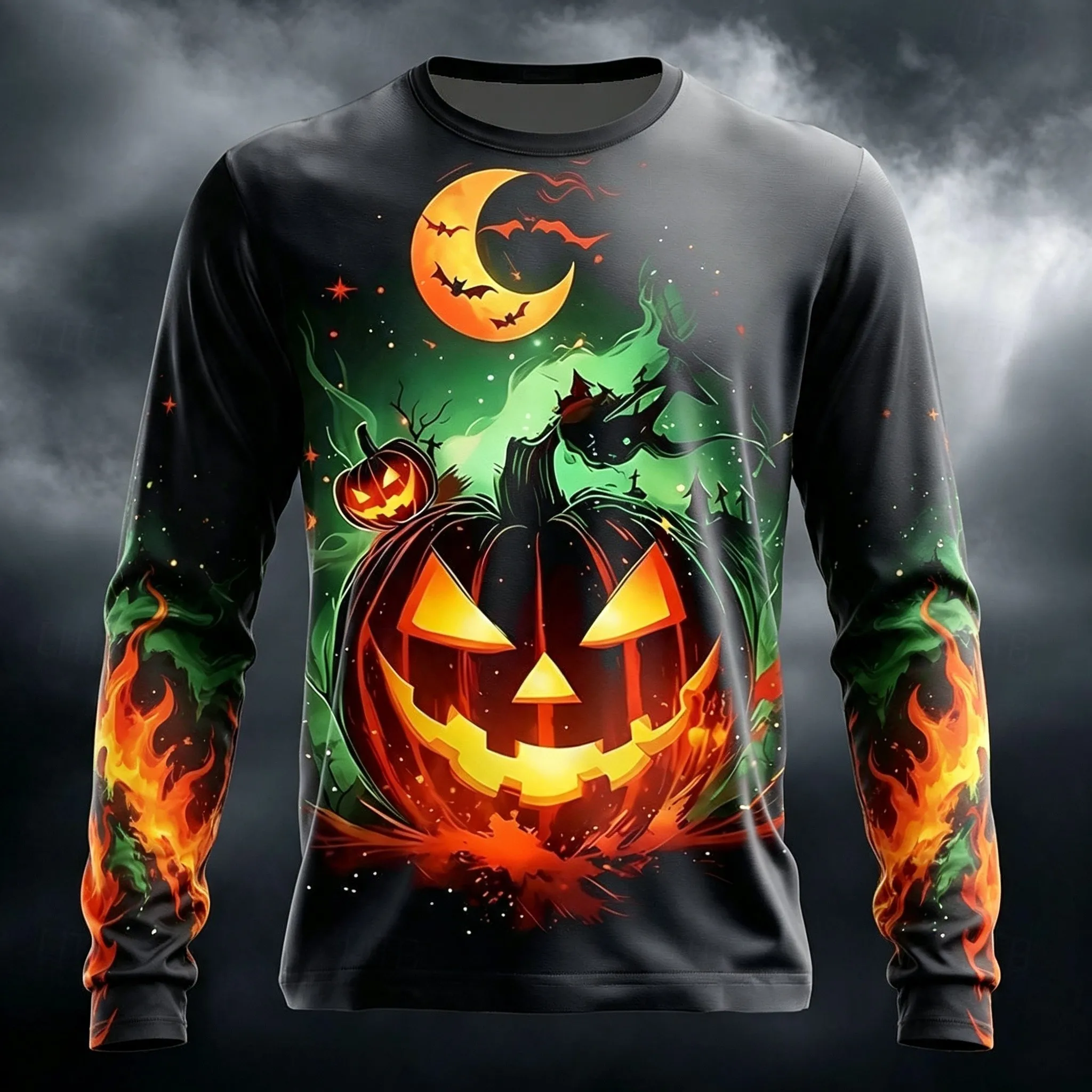 Men Halloween Long Sleeve T‑Shirt 3D Glowing Pumpkin Print Bat Moon Haunted House Horror Graphic Crew Neck Casual Party Tops