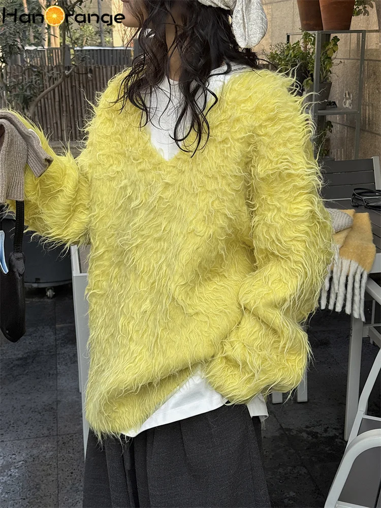 

HanOrange 2025 Winter Gentle Curly Plush V-neck Knitted Shirt Pullover Women Loose Silhouette Outwear Dark Gray/Yellow/Beige