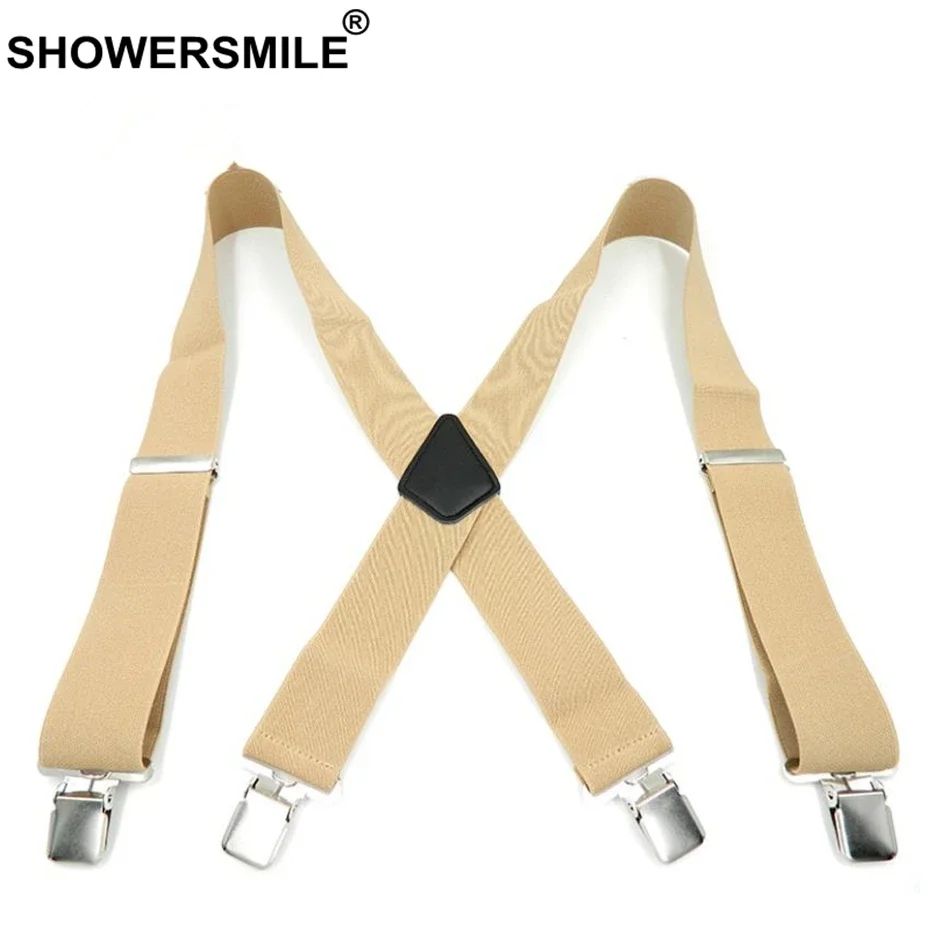 SHOWERSMILE Green Men Shirt Suspenders Wide 5cm Mens Braces 120cm 4 Clips Adjustable Leather Trousers Strap Gift For Boyfriend