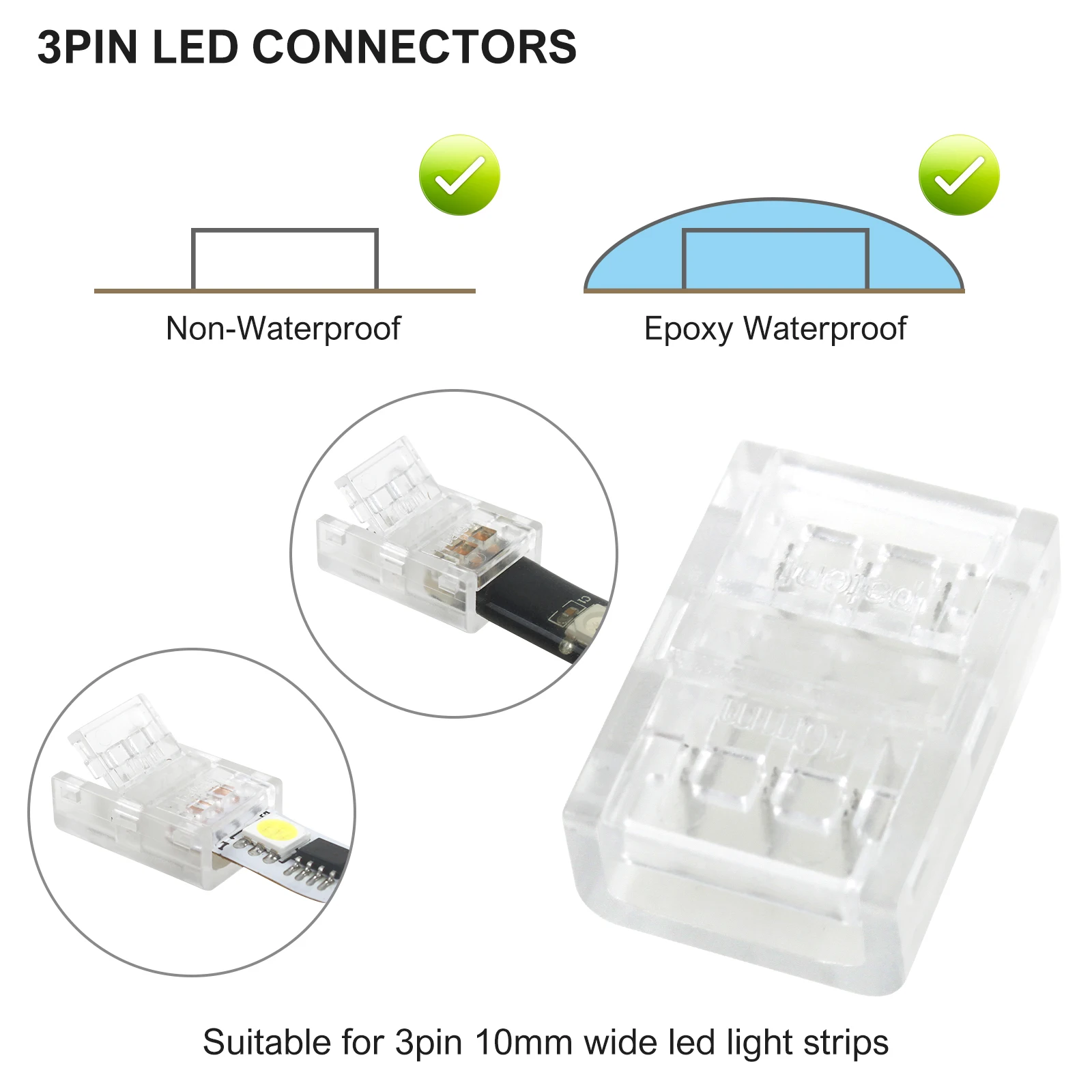 12Pcs 3Pin LED Strip Light Connectors Strip to Strip Quick Connection for 10mm Wide Waterproof or Non-Waterproof WS2811 WS2812B