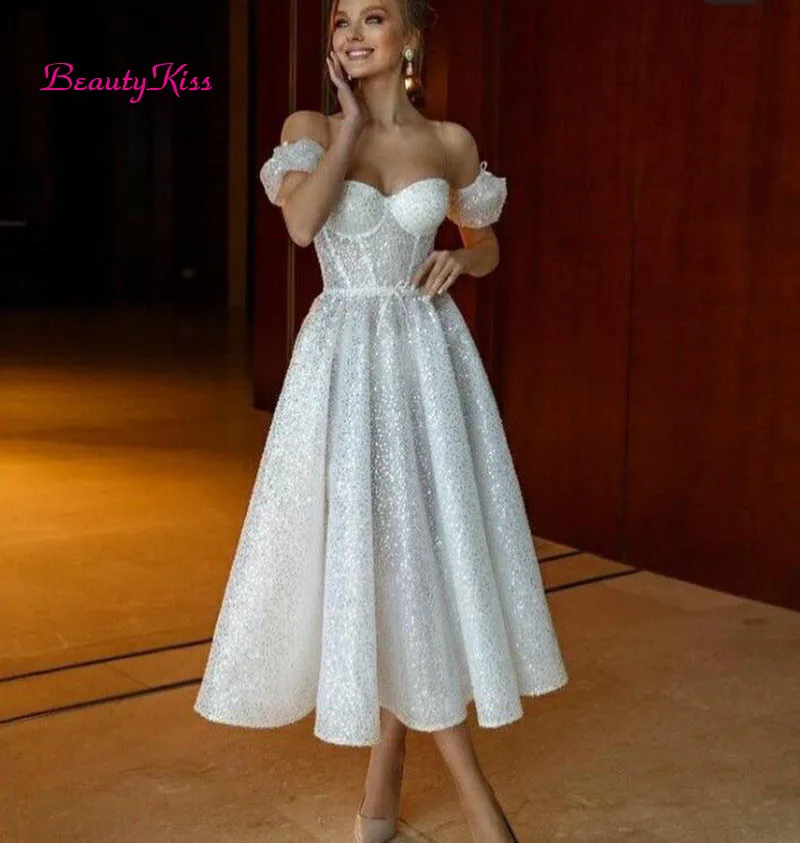 Shiny Glitter Tulle Wedding Dresses Sweetheart Boning Fitted Bodice Tea Length Bride Dresses Vestidos de novia 2025