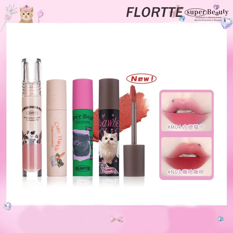 FLORTTE Cat Cute Velvet Matte Mousse Lip Mud Lipstick Creamy Texture Mist Face Fine Lipstick Girls Cute Lip Glaze Cosmetics