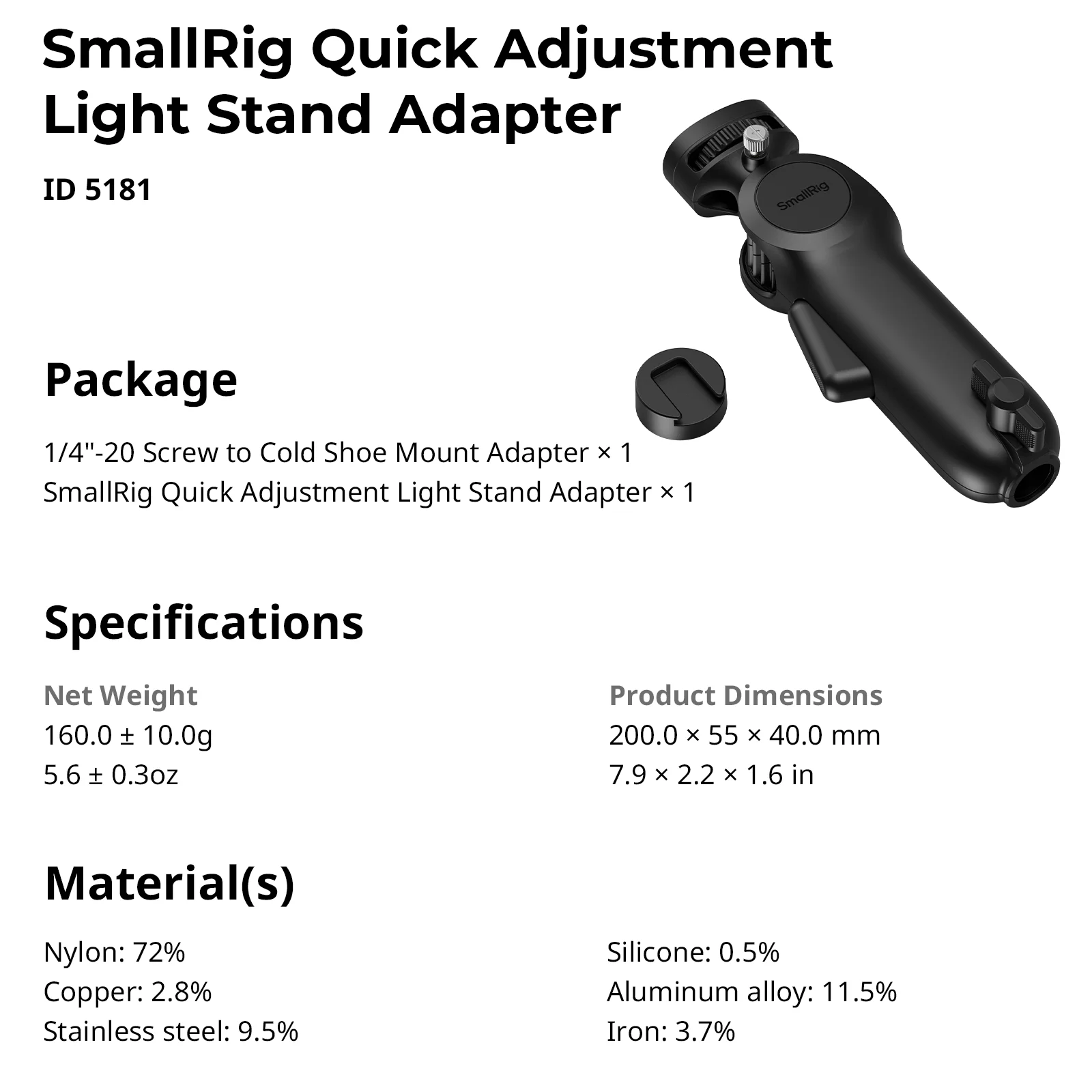 Adapter statywu świetlnego SmallRig z szybkozłączką, uchwyt umożliwia obrót o 360 stopni °   Obrót patelni ±90 °   Regulacja kąta za pomocą zimnej stopki -5181 — zdjęcie produktu 6