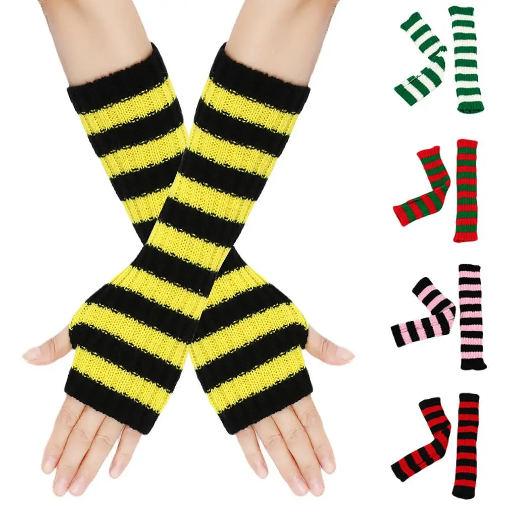 شتاء دافئ طويل الأكمام القوطية مخطط محبوك الصوفية الذراع أدفأ أصابع قفازات للنساء في الهواء الطلق جهاز تدفئة للذراع قفازات #6
