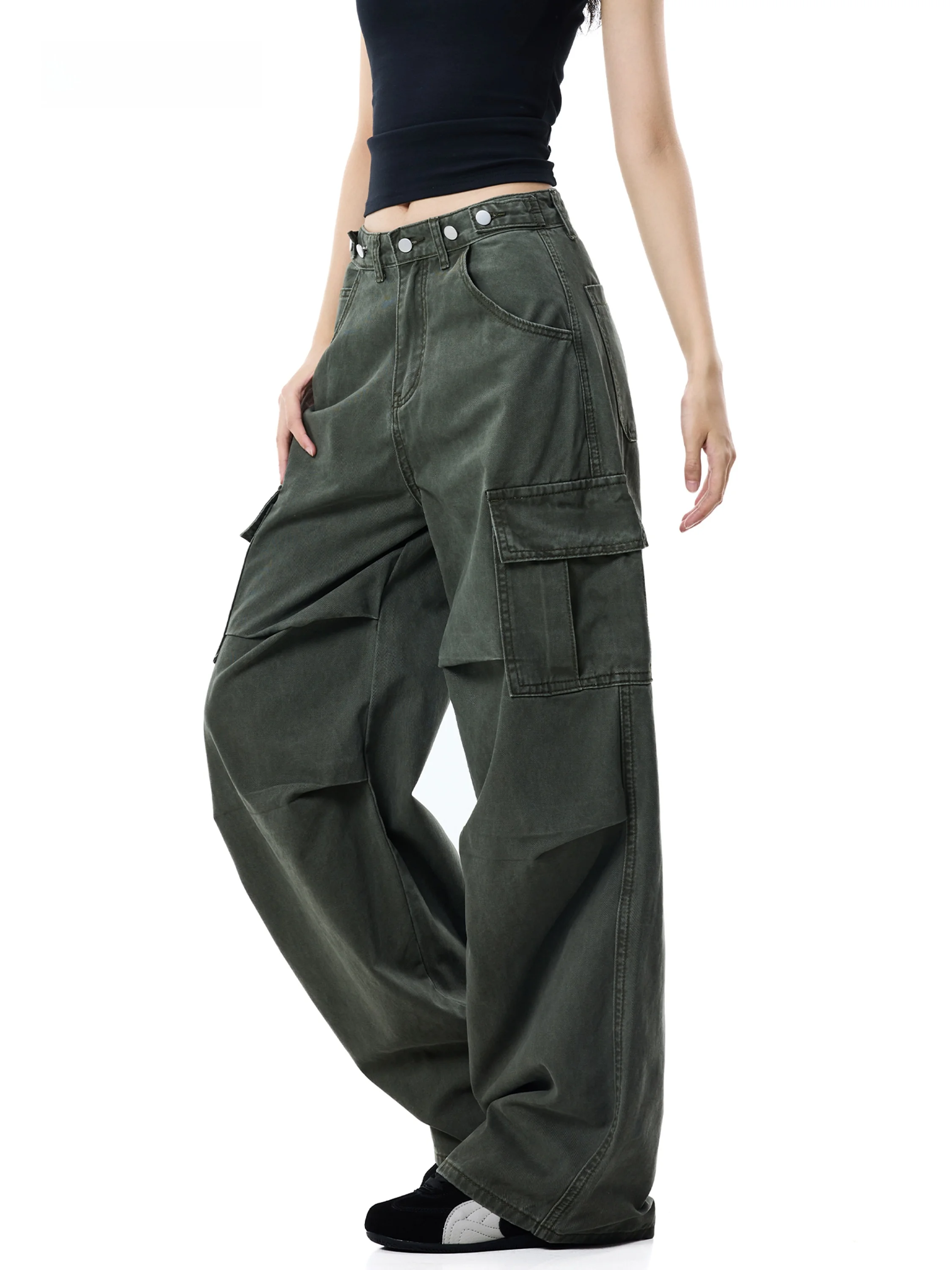 American Style Military Green High Waist Wide Leg Women's Work Pants Casual Loose Fitting Trousers for Autumn Season