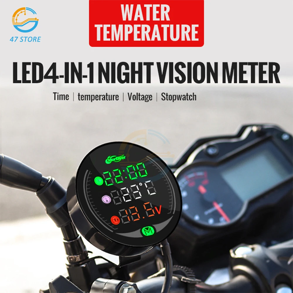 DC 9-24V Motorbike 4 In 1 Universal Mini Full Screen Waterproof Temperature Gauge Water Temperature Gauge Time Voltmeter