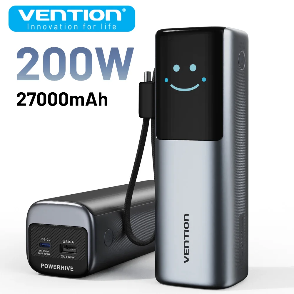 Vention Power Bank 27000mAh 200W PD شاحن سريع مع كابل USB-C مدمج بطارية احتياطية خارجية بنك طاقة محمول لأجهزة الكمبيوتر المحمول